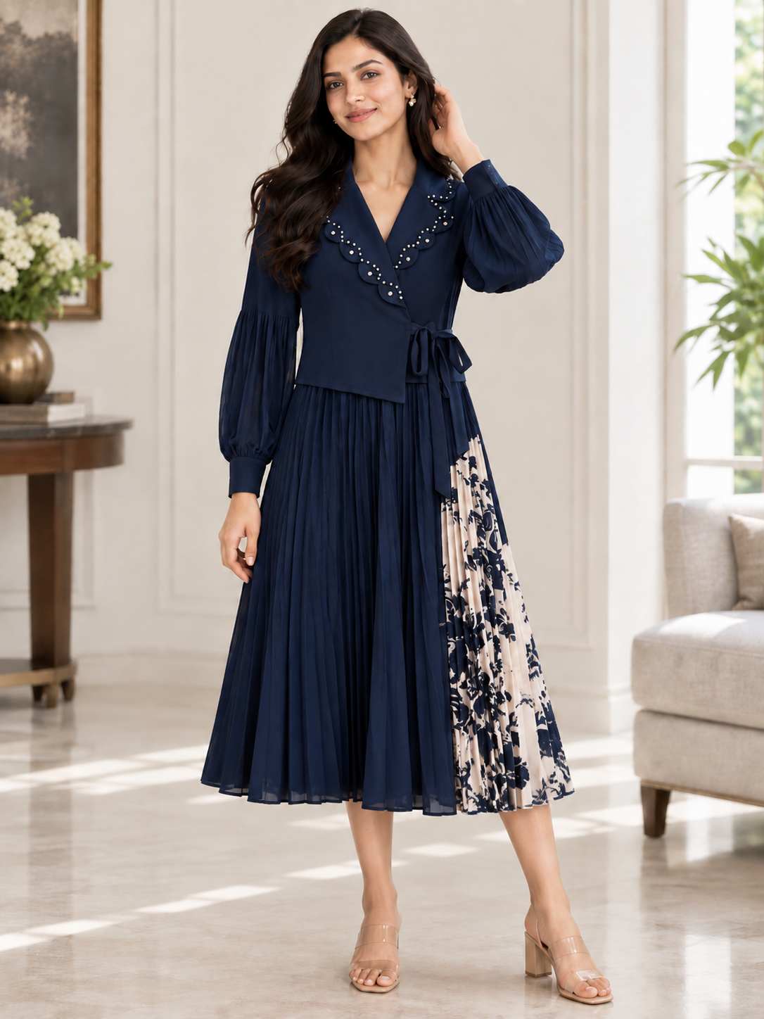 Navy Pleated Maxi Dress