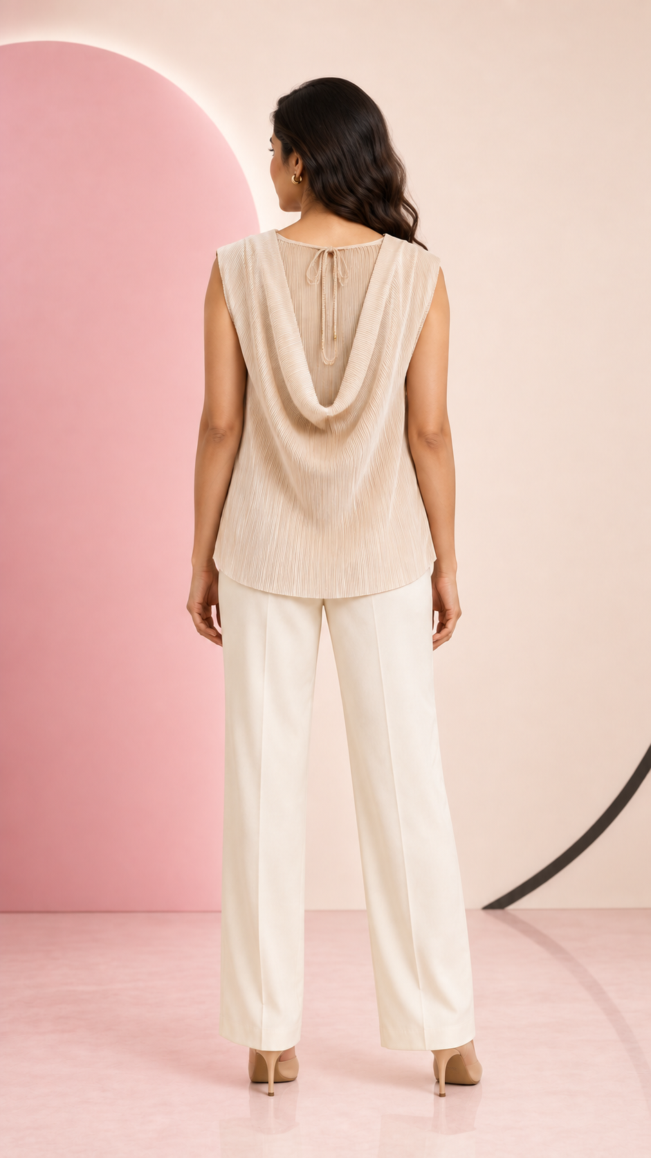 Champagne Cowl-Neck Pleated Top