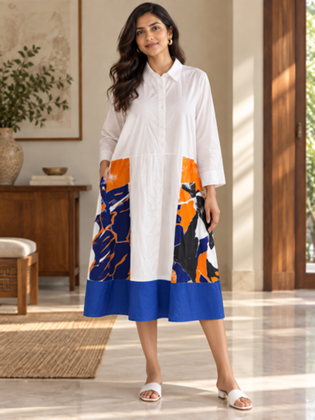 White Abstract Panel Long Dress