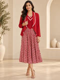Red V-Neck Geometric Maxi Dress