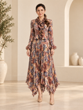 Brown Printed Ruffled Neck Long Dress