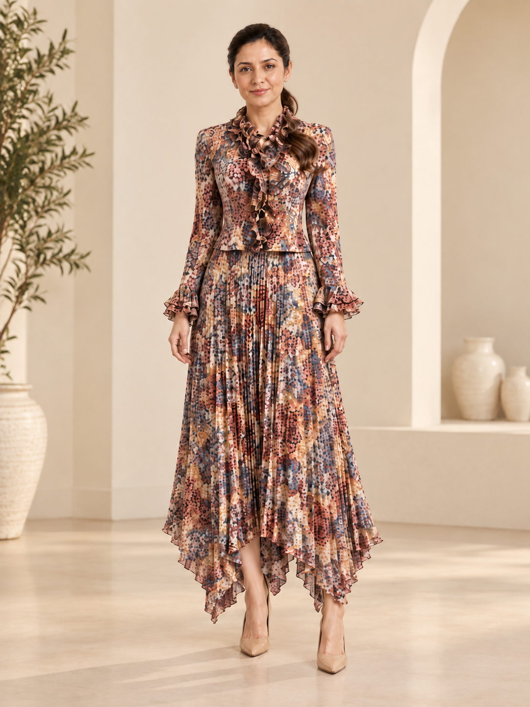 Brown Printed Ruffled Neck Long Dress