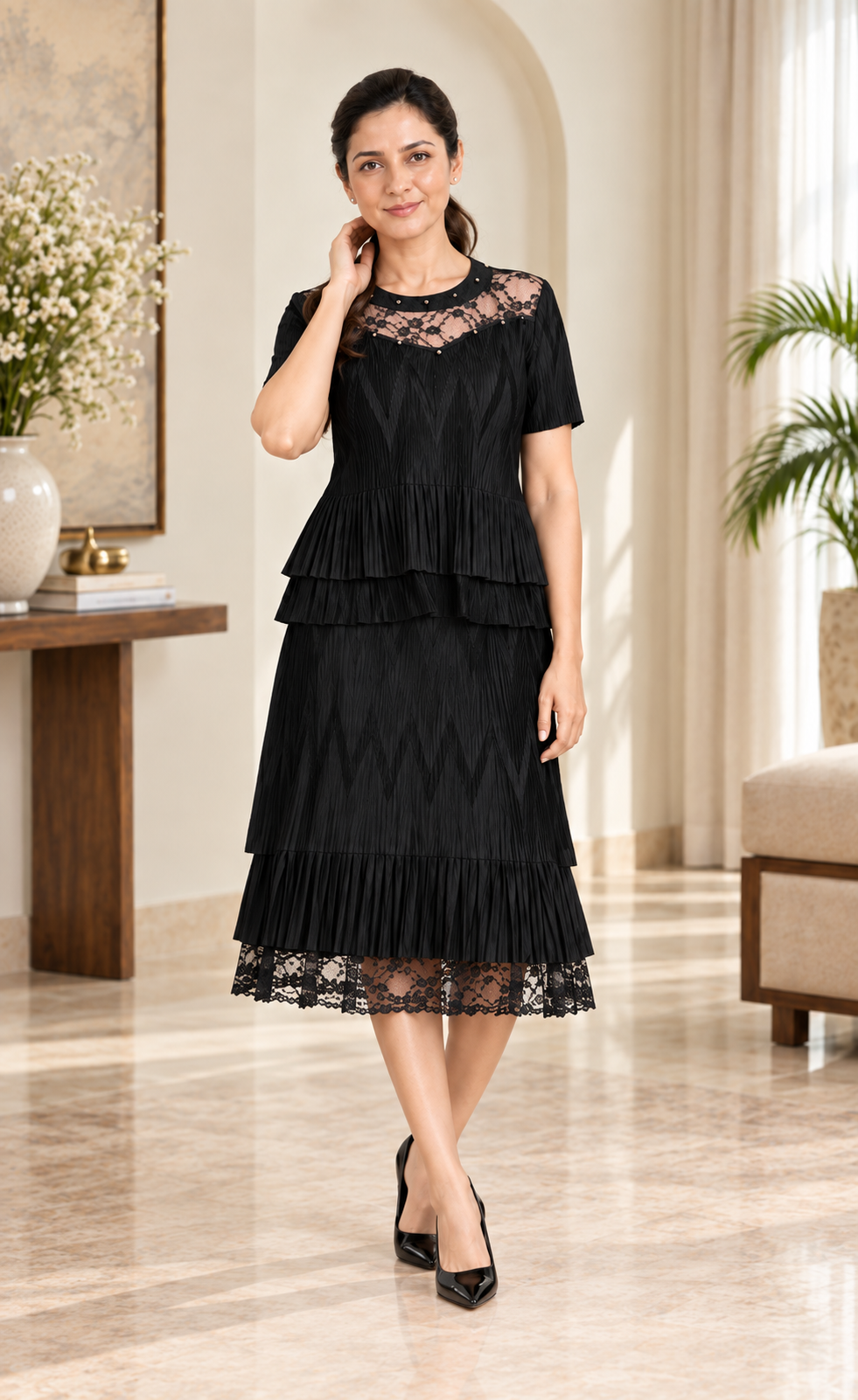 Black Embellished Lace-Hem Skirt Top Set