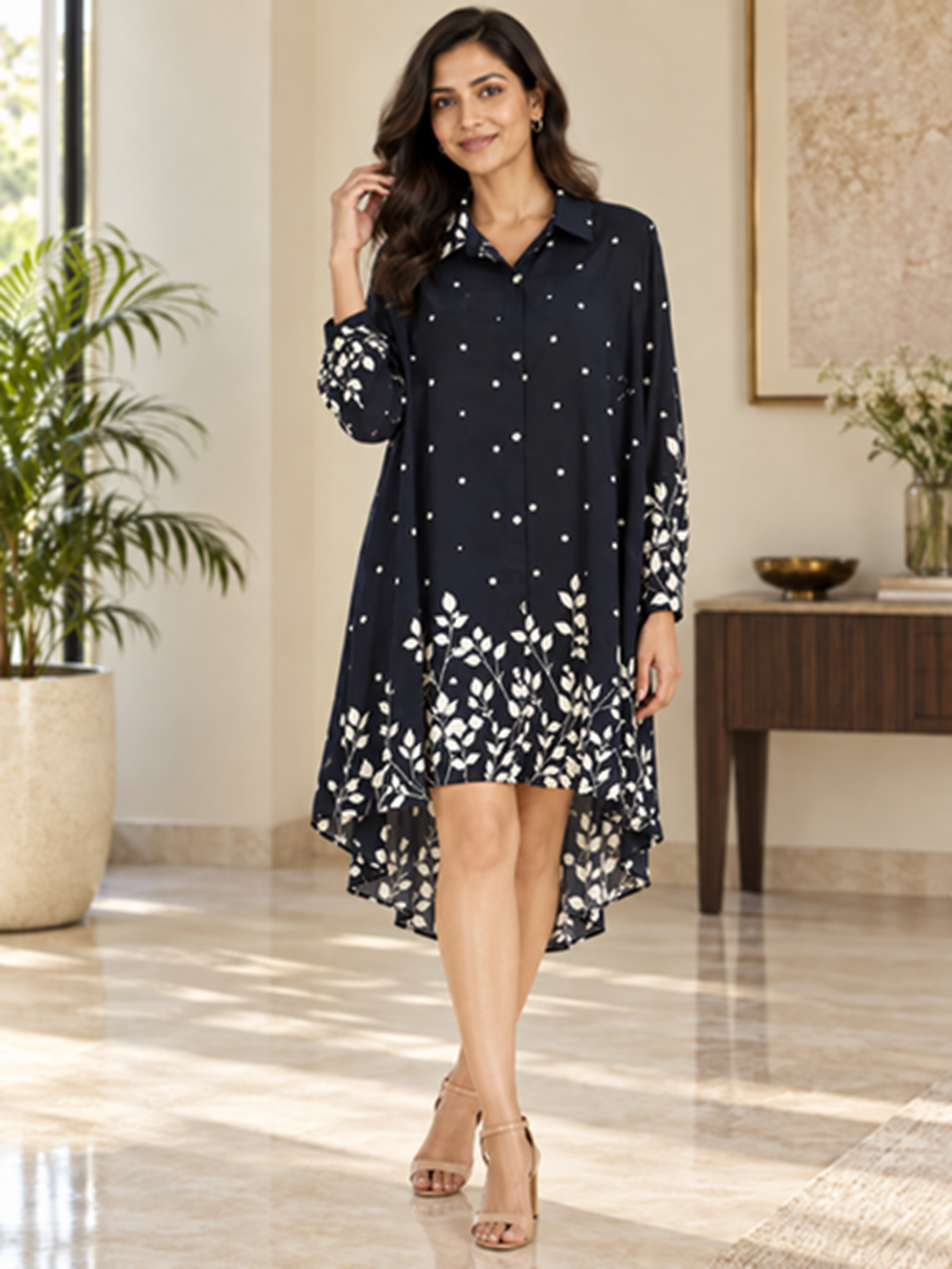 Midnight Micro-Floral Shirt Dress
