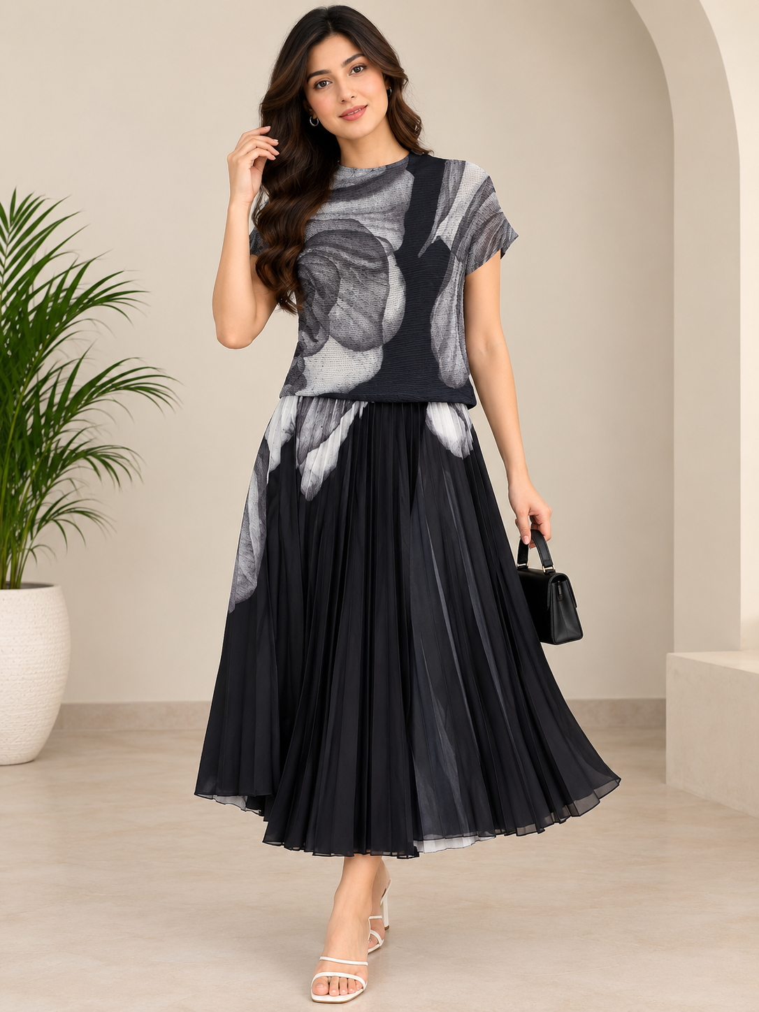 Black Purple Skirt Top Set