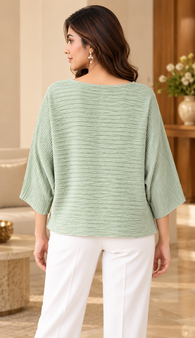 Olive Plissé Pearl Top
