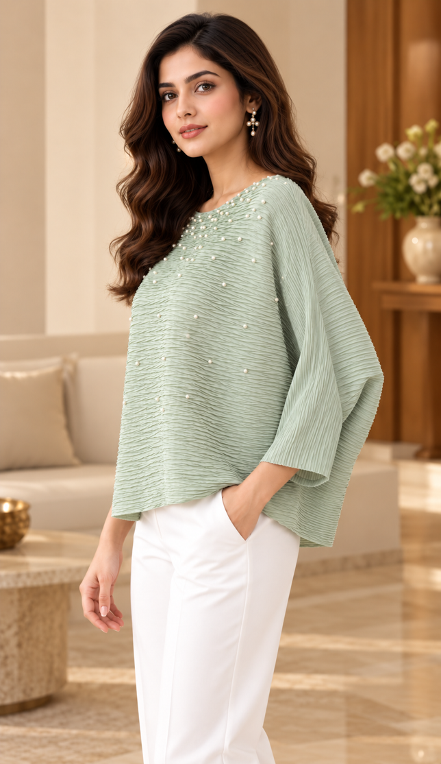 Olive Plissé Pearl Top
