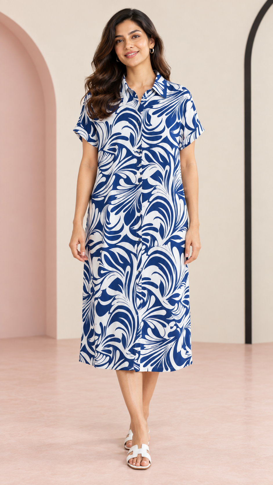 White Printed Long Shirt Dress