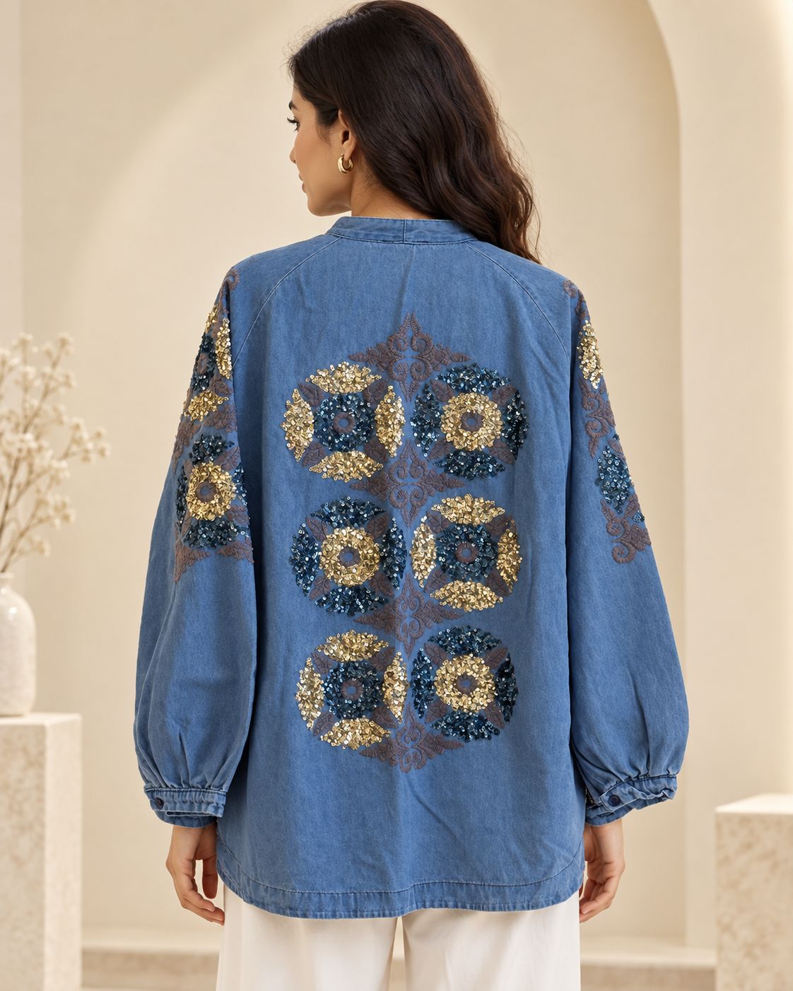 Embellished Denim Kimono Jacket