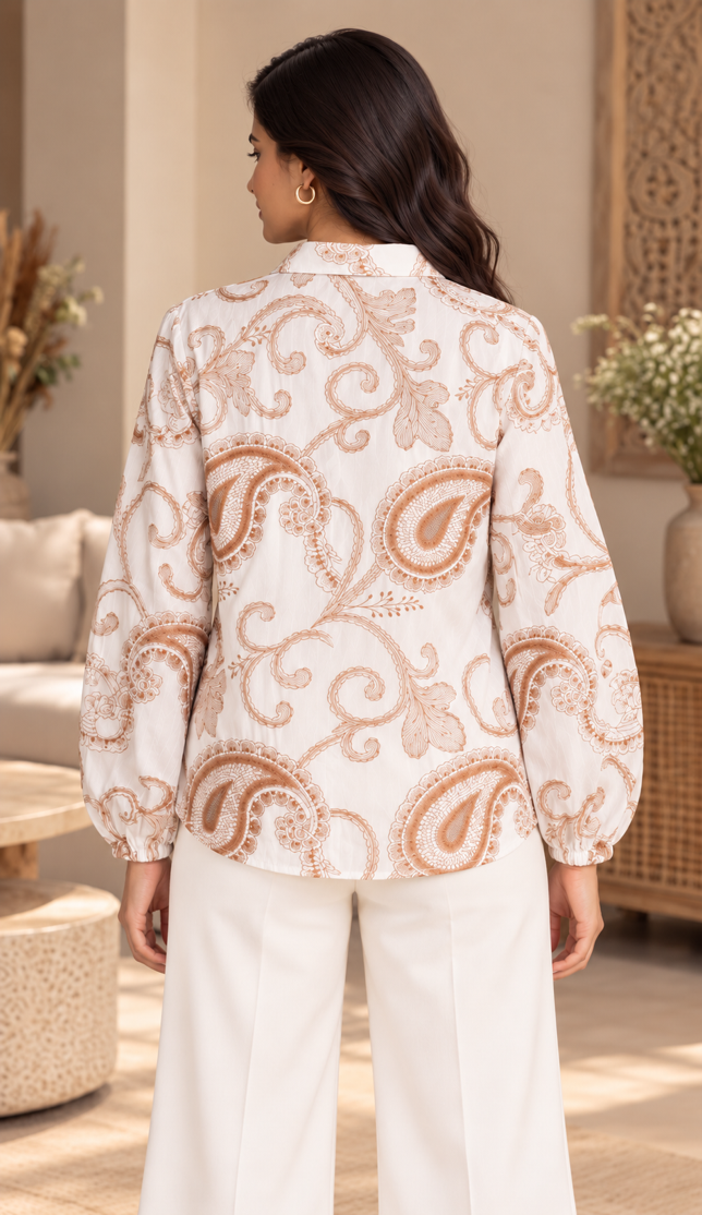 White Paisley Embroidered Shirt
