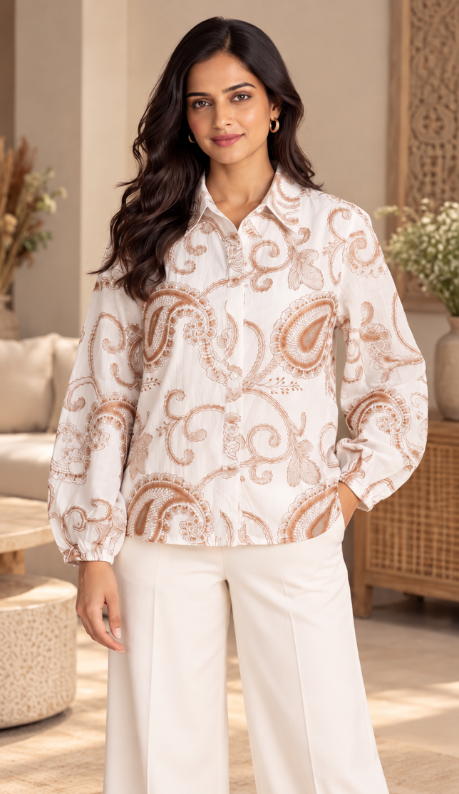 White Paisley Embroidered Shirt